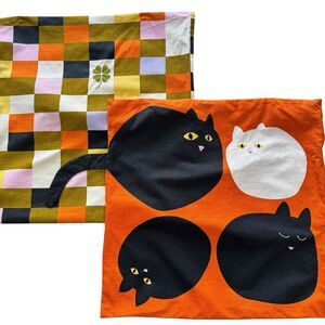 Ikea Mavinn Limited Edition Cushion Pillow Covers X2 Cat & Check Pattern Mod EUC